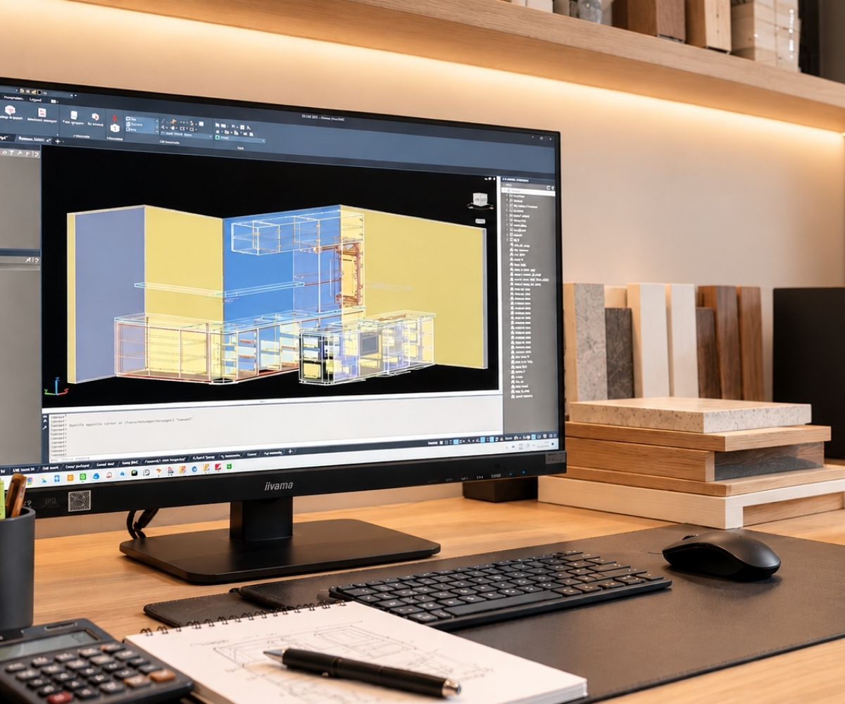 Professionele 3D-keukentekening en technische werkvoorbereiding bij Abstrakt Interieur in West-Vlaanderen, gespecialiseerd in maatwerkinterieur, CNC-freeswerk, zaagwerk en kantenverlijming voor schrijnwerkers.
